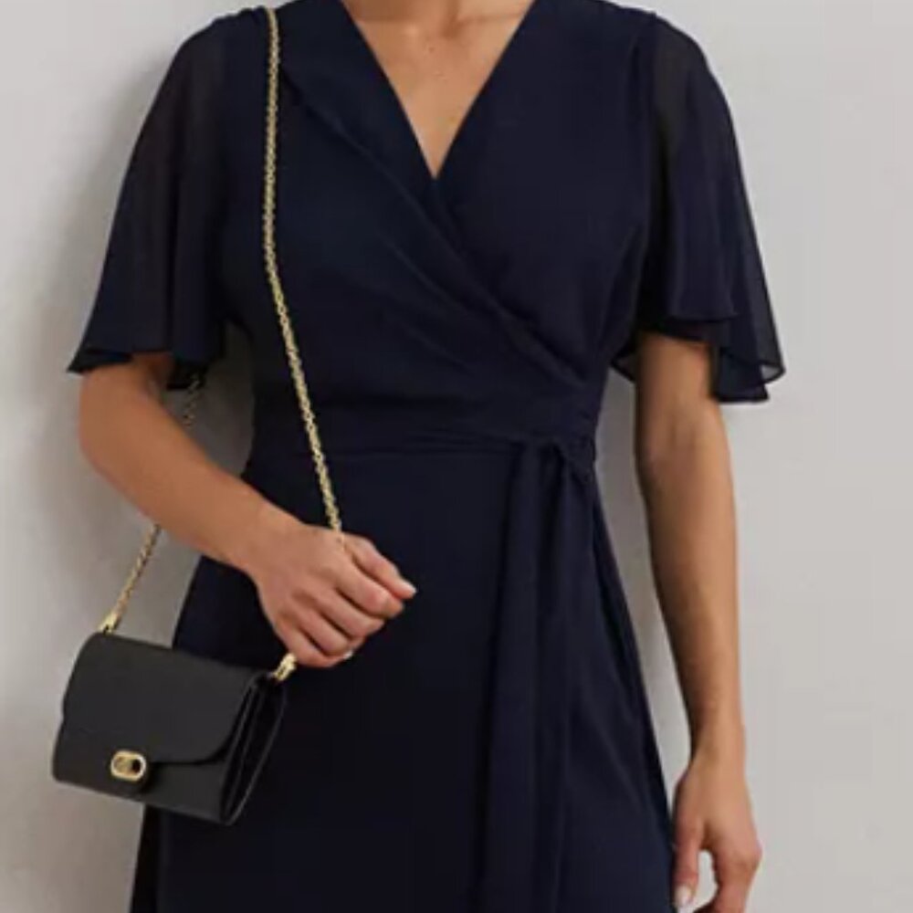 Lauren Ralph Lauren Women's Belted Georgette Dress Flutter sleeve navy wrap